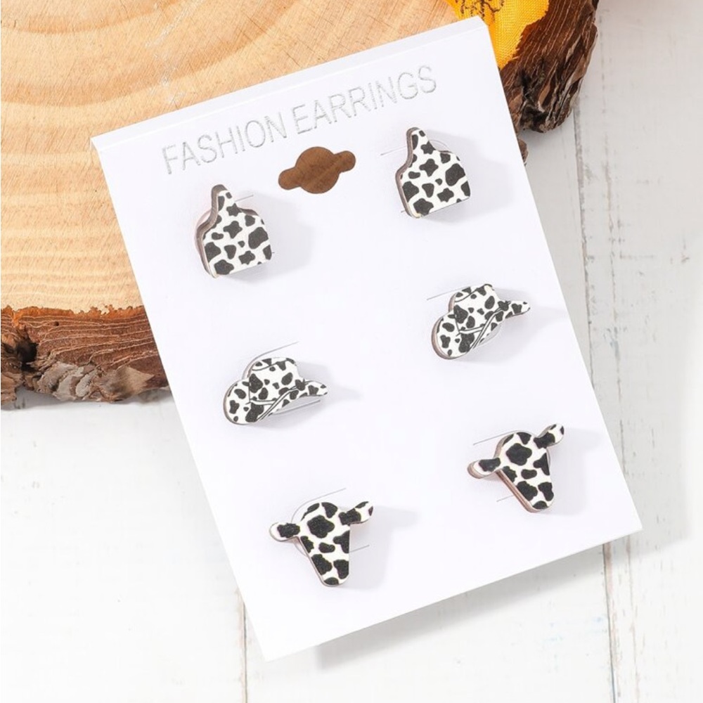 3 Packs (3 pair per pack) Western Cowboy Style Black & White Cow Print Earrings